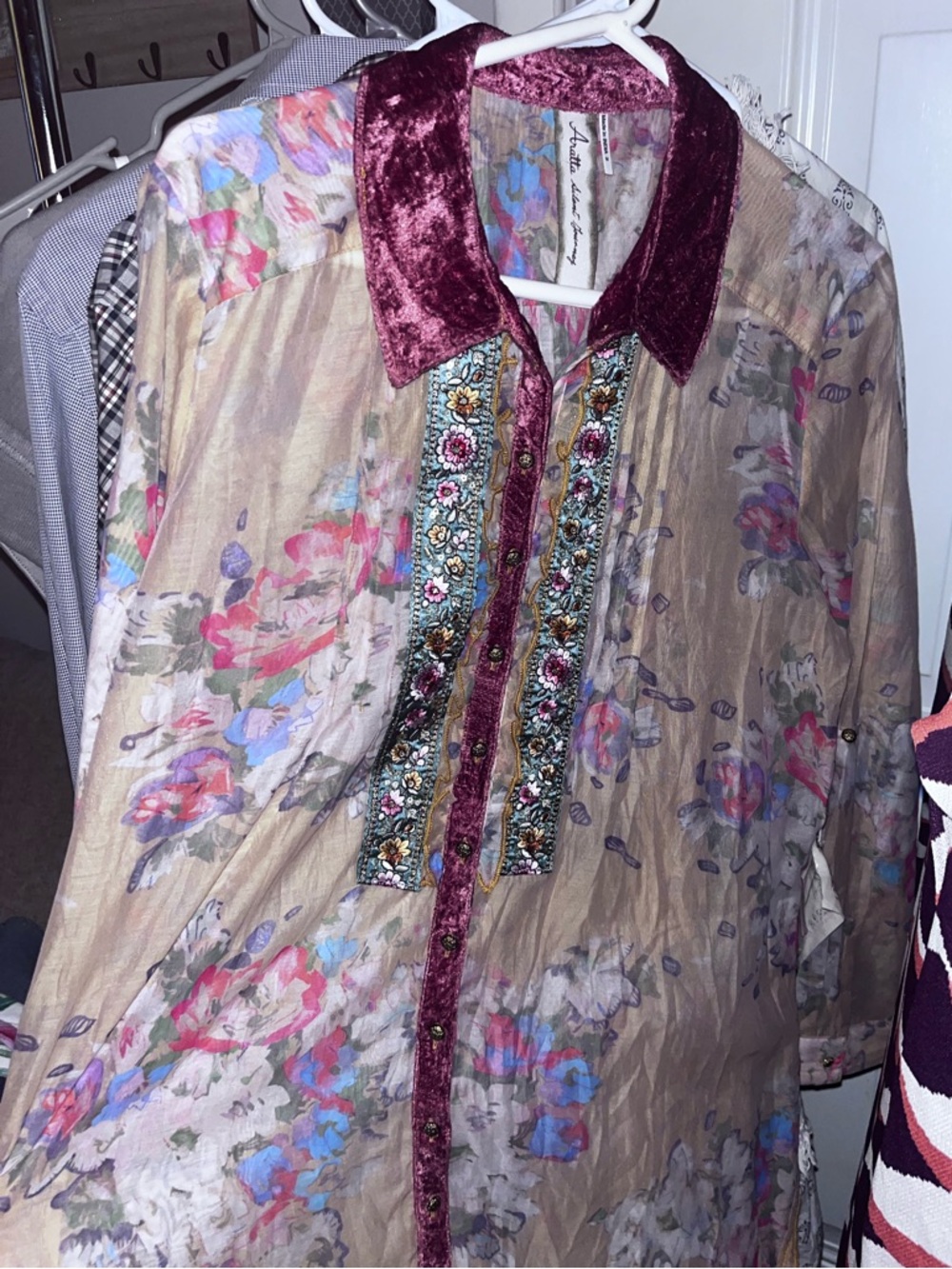 Aratta Beige Floral Tunic style dress with Burgundy Velvet Collar